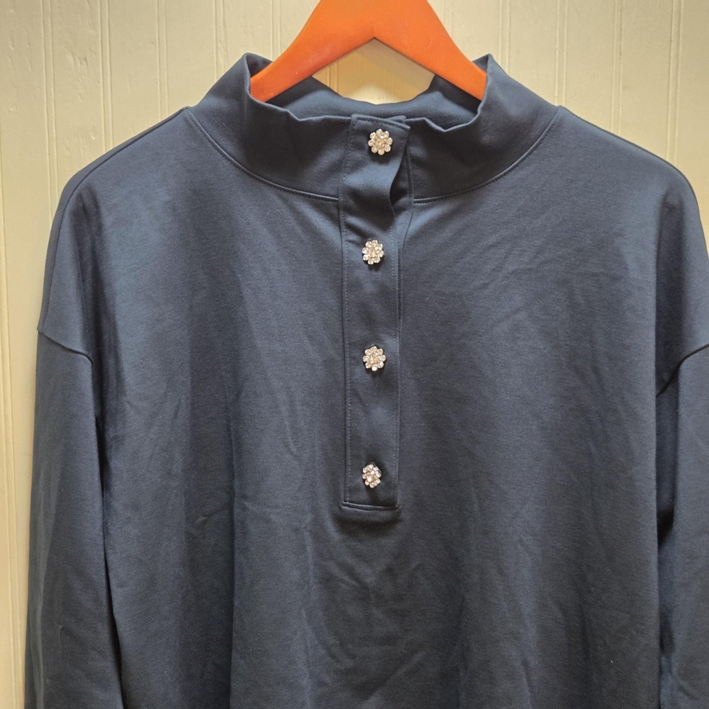 Ann Taylor Shirt Womens Large Blue Mock Neck Rhinestone Button Long Sleeve Top
